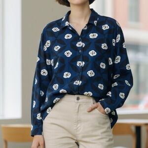 Uniqlo x Marimekko Sz M Flannel Long-Sleeve Shirt Blue floral casual